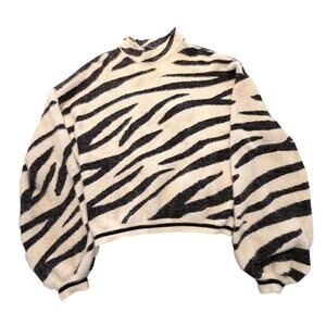Bardot Zebra Print Fuzzy Sweater Women's Large Cropped Mock Neck Long Sleeve